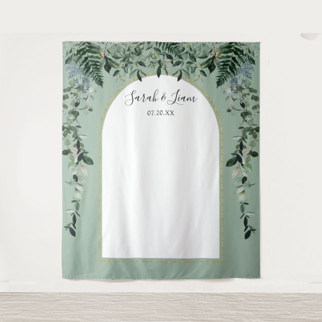 Sage Green botanic arched Wedding Photo backdrop Tapestry (Front)