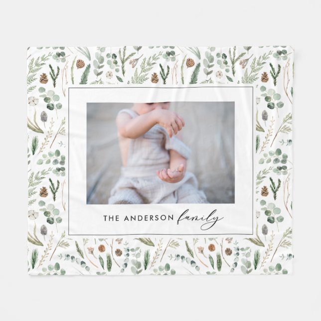 Sage green botanica elegant modern family photo fleece blanket (Front (Horizontal))