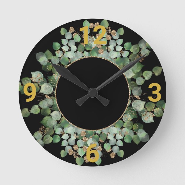 Sage Green Botanical Black Gold WALL CLOCK (Front)