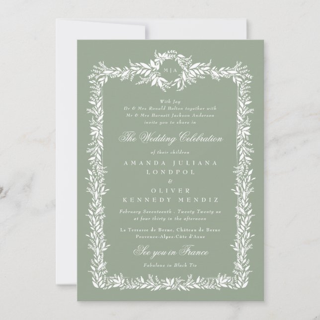 sage green botanical classic leafy frame wedding invitation (Front)