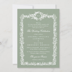 sage green botanical classic leafy frame wedding invitation