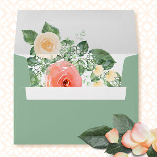  Sage Green Botanical Coral Pink Floral Wedding  Envelope