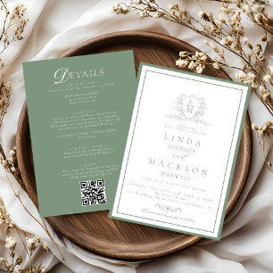 Sage Green botanical crest All in one wedding Invitation
