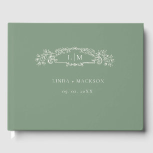 Sage Green botanical crest monogram wedding Guest Book