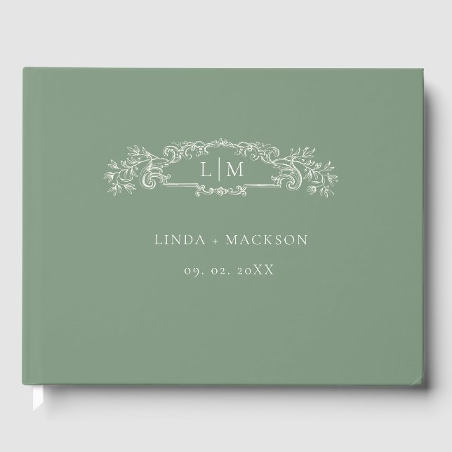 Sage Green botanical crest monogram wedding Guest Book (Front)