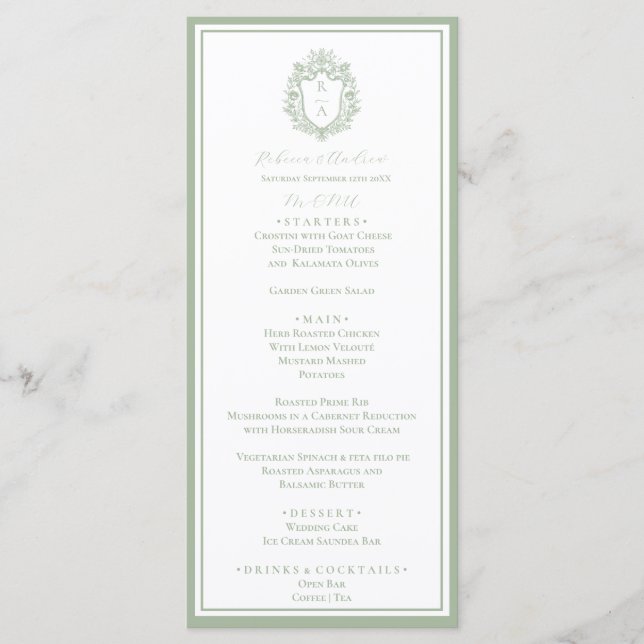 Sage Green Botanical Crest Monogram Wedding Menu (Front)