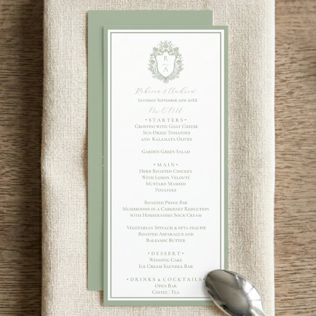 Sage Green Botanical Crest Monogram Wedding Menu (Creator Uploaded)