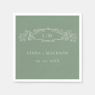 Sage Green botanical crest monogram wedding Napkin