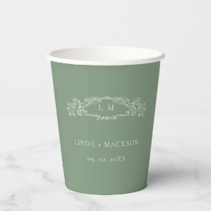 Sage Green botanical crest monogram wedding Paper Cups