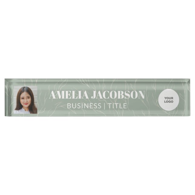 Sage Green Botanical Custom Photo Business Logo Nameplate (Front)