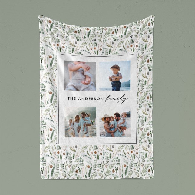 Sage green botanical elegant modern family 4 photo fleece blanket (Creator Uploaded)