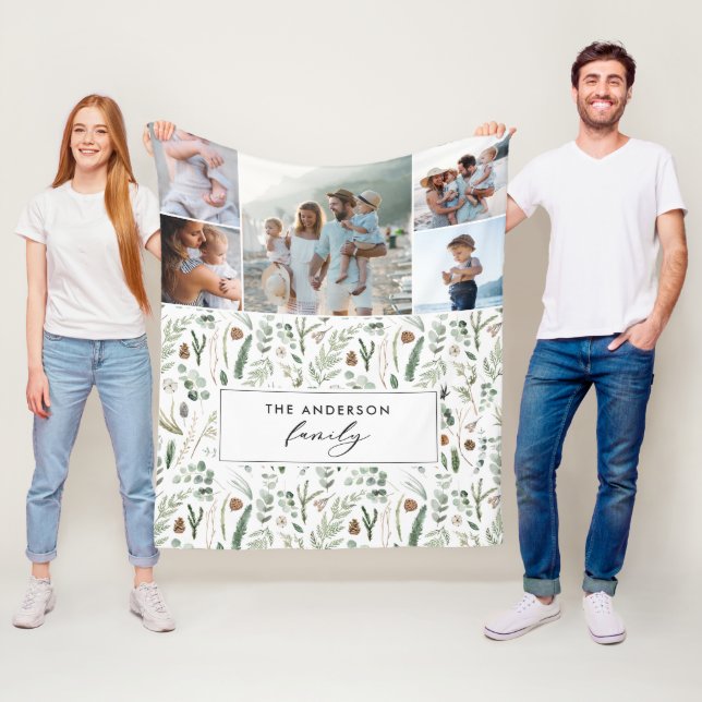 Sage green botanical elegant modern family 5 photo fleece blanket (In Situ)