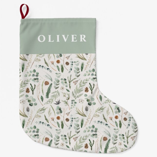Sage green botanical elegant modern family gift large christmas stocking (Front)