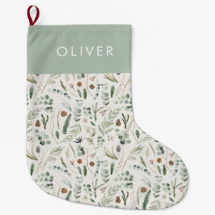 Sage green botanical elegant modern family gift large christmas stocking
