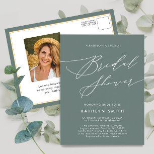 Sage Green Botanical Elegant Script Bridal Shower Invitation Postcard