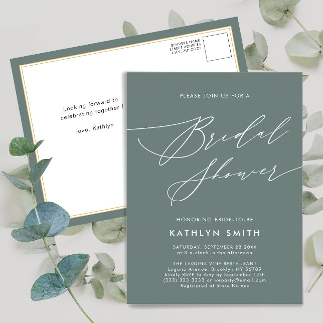 Sage Green Botanical Elegant Script Bridal Shower Invitation Postcard (Creator Uploaded)