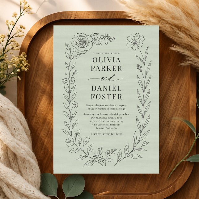 Sage Green Botanical Floral Wedding Invitation (Creator Uploaded)