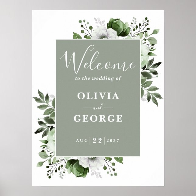 Sage Green Botanical Floral Wedding Welcome Sign (Front)
