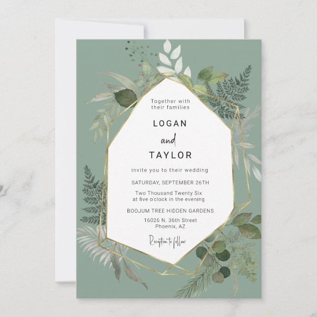 Sage Green Botanical Greenery Gold Frame QR Code Invitation (Front)
