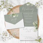 Sage Green Botanical Greenery Monogram Wedding All In One Invitation<br><div class="desc">All in one sage green wedding invitation featuring botanical greenery,  rustic leaves and elegant typography. The invitation includes a perforated RSVP card that can be individually addressed or left blank for you to handwrite your guest's address details. Designed by Thisisnotme©</div>