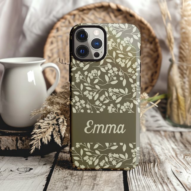 Sage Green Botanical Hand Drawn Flowers Case-Mate iPhone Case (sage green phone custom phone case with hand drawn botanical design)