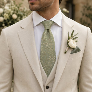 Sage Green Botanical Jacquard Quiet Luxury Groom Tie