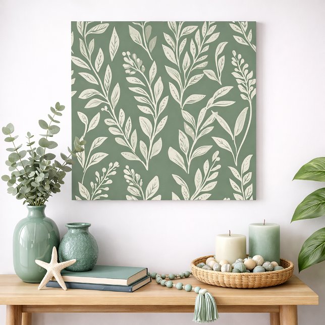 Sage Green Botanical Leaf Pattern Wall Art (Sage green and cream leaves art print)
