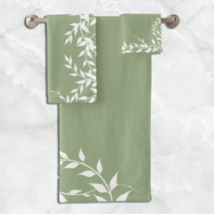 Sage Green Botanical Leaves Bath Towel Set