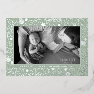 Sage Green Botanical Merry Christmas Rose Gold Foil Holiday Card