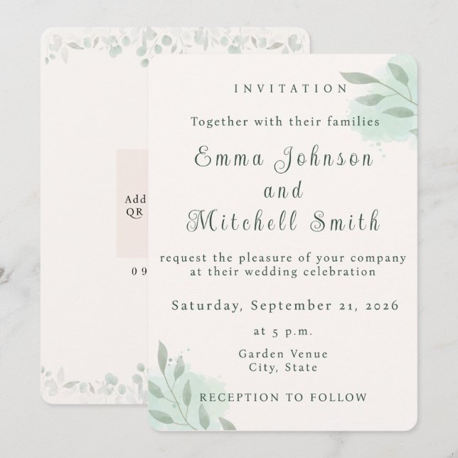 Sage Green Botanical Minimal Greenery Wedding Invitation (Front/Back)