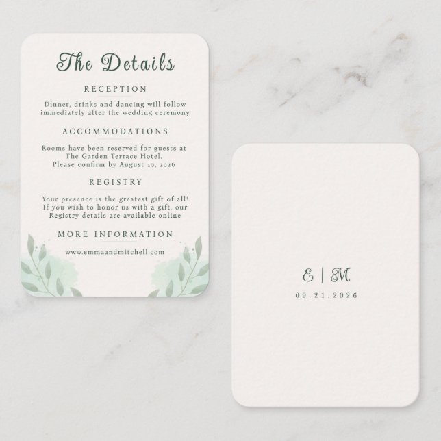Sage Green Botanical Minimal Wedding Details Enclosure Card (Front/Back)