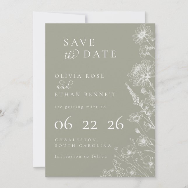 Sage Green Botanical Minimal Wedding Save the Date (Front)