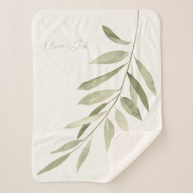 Sage Green Botanical Modern Boho Personalised Sherpa Blanket (Front)