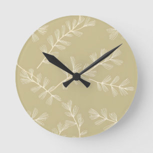 Sage Green Botanical Pattern Cream Hand Drawn Leaf Round Clock