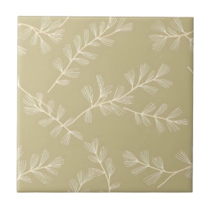 Sage Green Botanical Pattern Cream Hand Drawn Leaf Tile