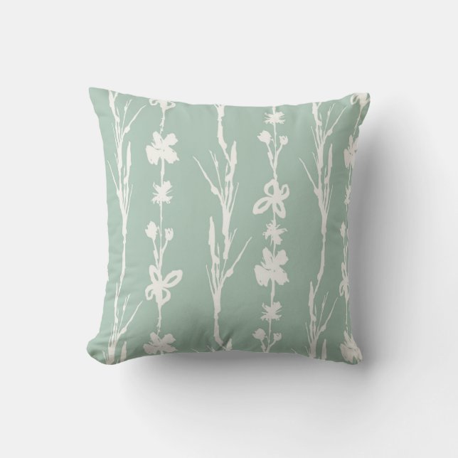 Sage Green Botanical Print Farmhouse Style Cushion (Front)