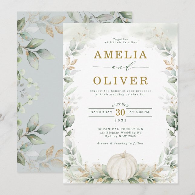 Sage Green Botanical Pumpkin Eucalyptus Wedding Invitation (Front/Back)