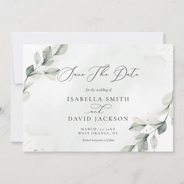 Sage Green Botanical Rustic Eucalyptus Barn  Save The Date (Front)