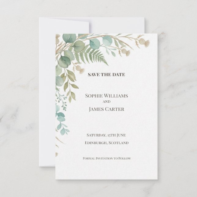 Sage Green Botanical Save the Date Card (Front)