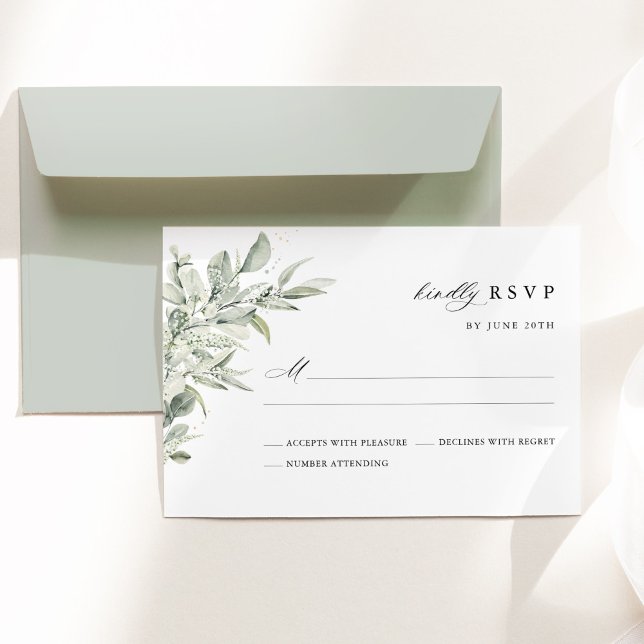 Sage Green Botanical Watercolor Elegant Wedding RSVP Card (Sage green botanical watercolor wedding RSVP card, minimalist elegant modern classic stationery.)
