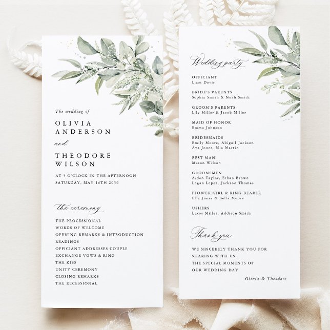 Sage Green Botanical Watercolor Wedding Ceremony Programme (Sage green botanical watercolor wedding program ceremony card, modern classic greenery stationery)