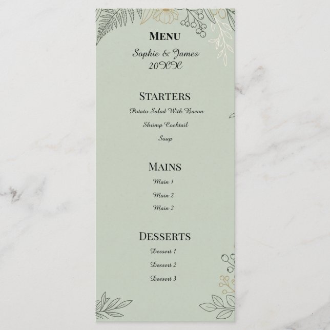 Sage Green Botanical Wedding Menu (Front)