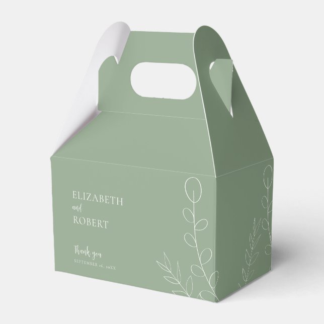 Sage Green Botanical Wedding Personalised Elegant Favour Box (Front Side)
