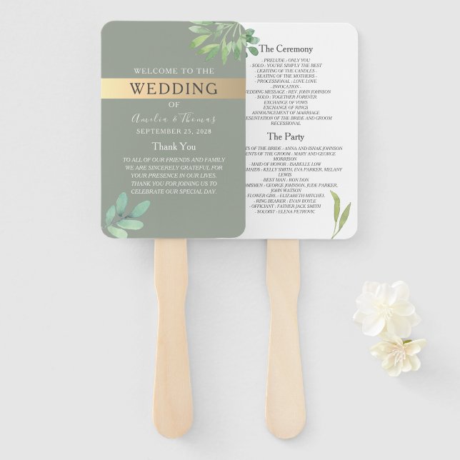 Sage Green Botanical Wedding Program Fan (Front and Back)