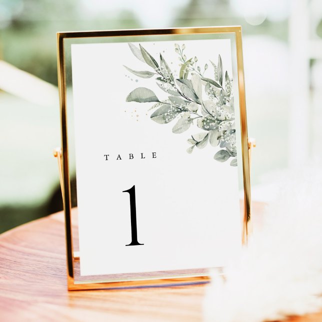 Sage Green Botanical Wedding Table Numbers (Sage green botanical wedding table number card, eucalyptus greenery, gold frame table display)