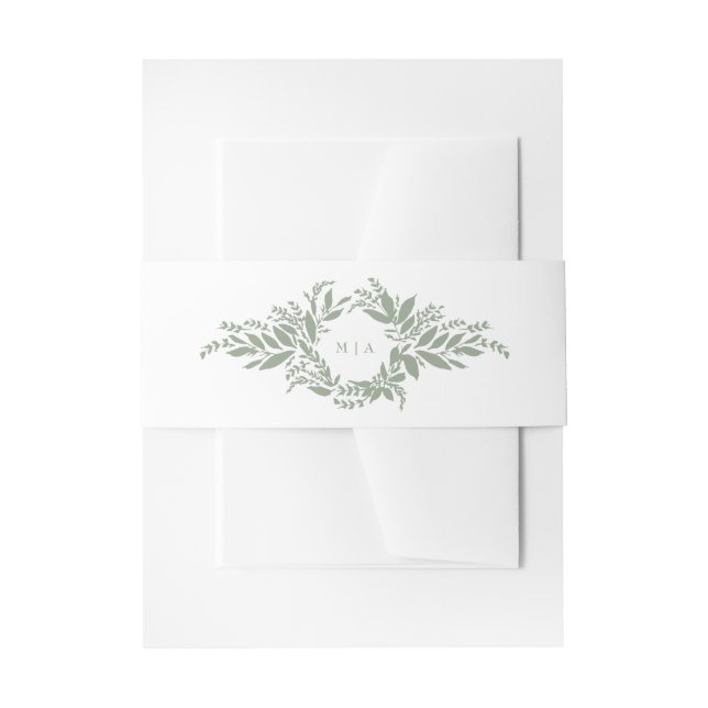 sage green botanical wreath monogram wedding invitation belly band (Front Example)