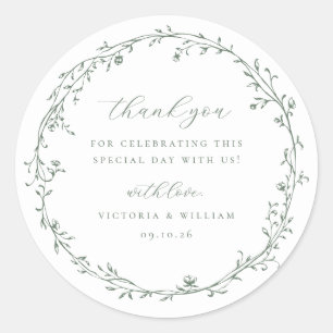Sage Green Botanical Wreath Wedding Favour Classic Round Sticker