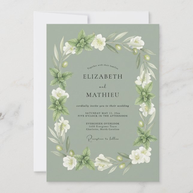 Sage Green Botanical Wreath Wedding Invitation (Front)