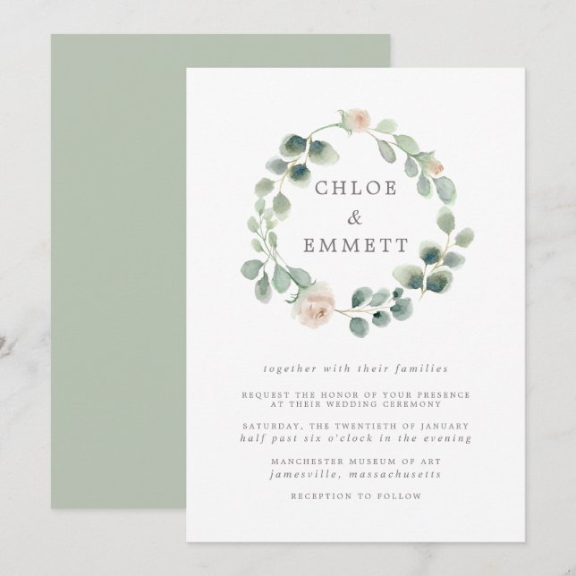 Sage Green Botanical Wreath, White Floral Wedding Invitation (Front/Back)