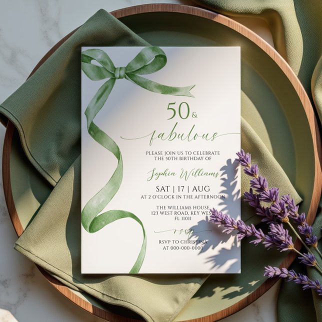 Sage Green Bow 50 & Fabulous Birthday Invitation (Creator Uploaded)